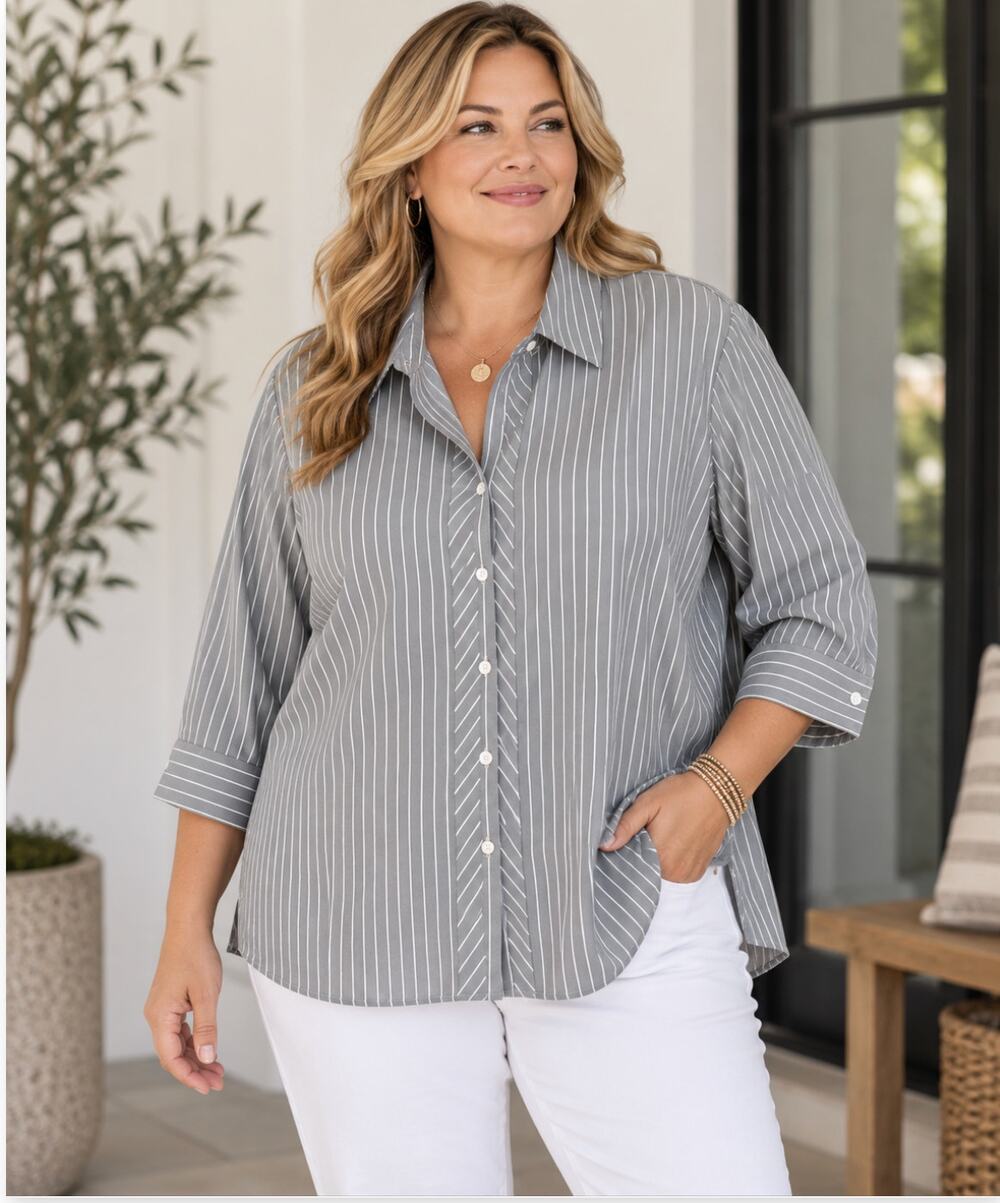 Foxcroft Wrinkle Free Pinstripe Button Up Shirt 22W Gray White Plus Size Classic